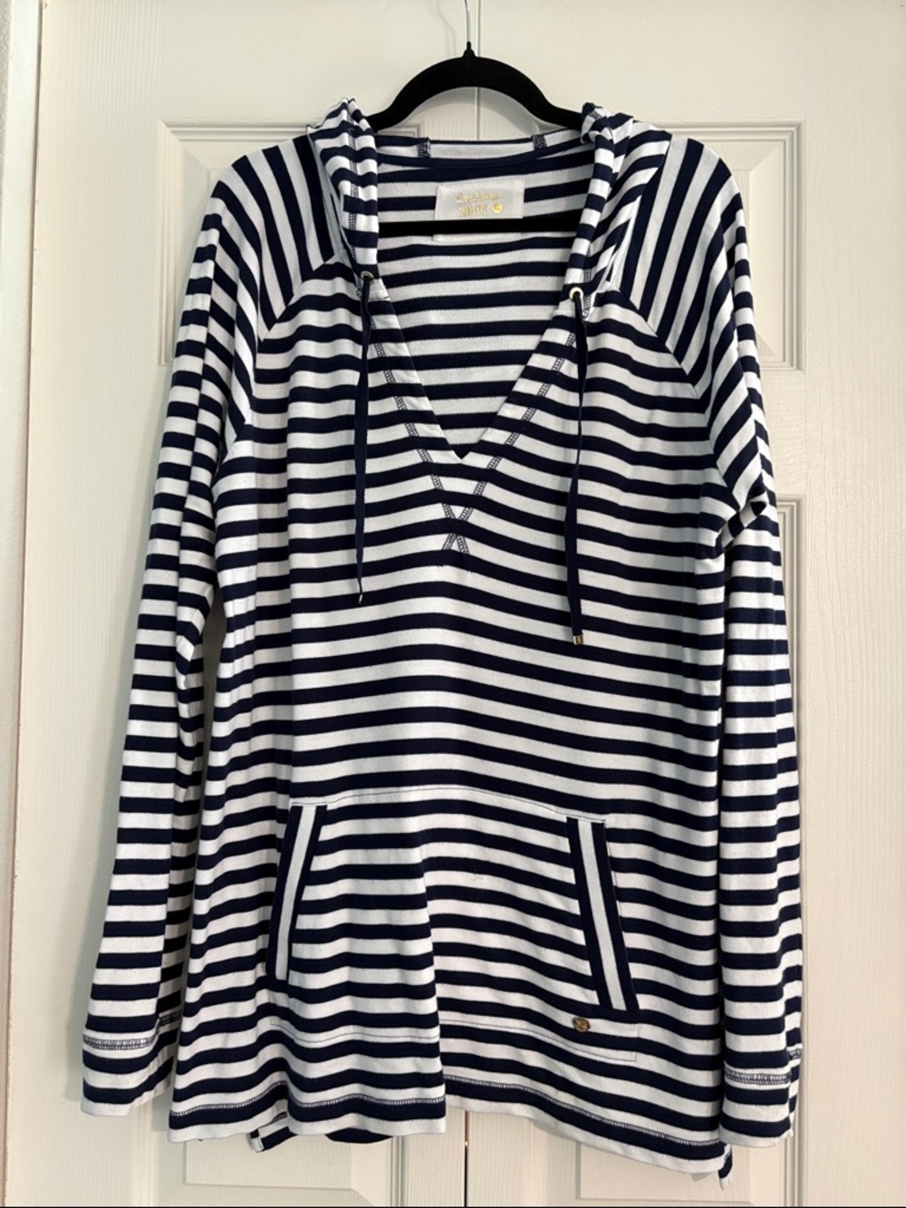 Lilly Pulitzer Navy and White Striped Hooded Pullover